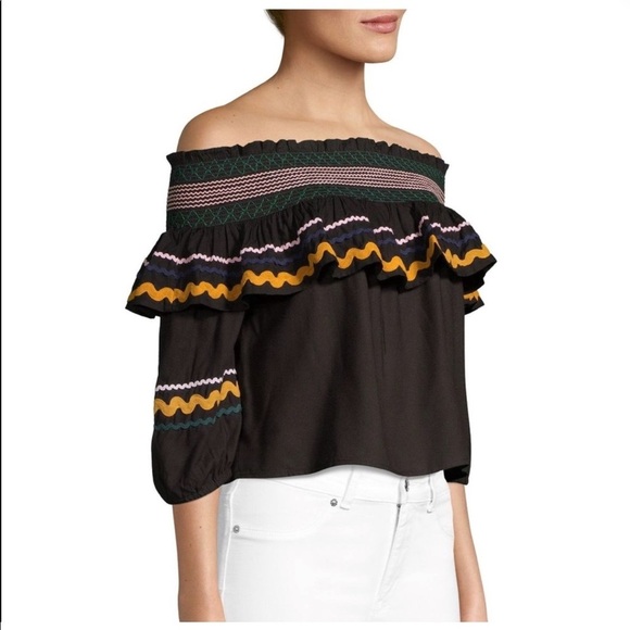 Red Carter Ric Rac Off The Shoulder Cropped Crop Top Paloma Ruffle Embroidered - Picture 2 of 14